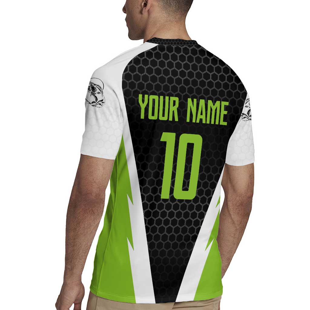 Personalized Custom Bass Fishing Rugby Jersey Jumping Fish Graphic and Green Black Honeycomb - Wonder Print Shop