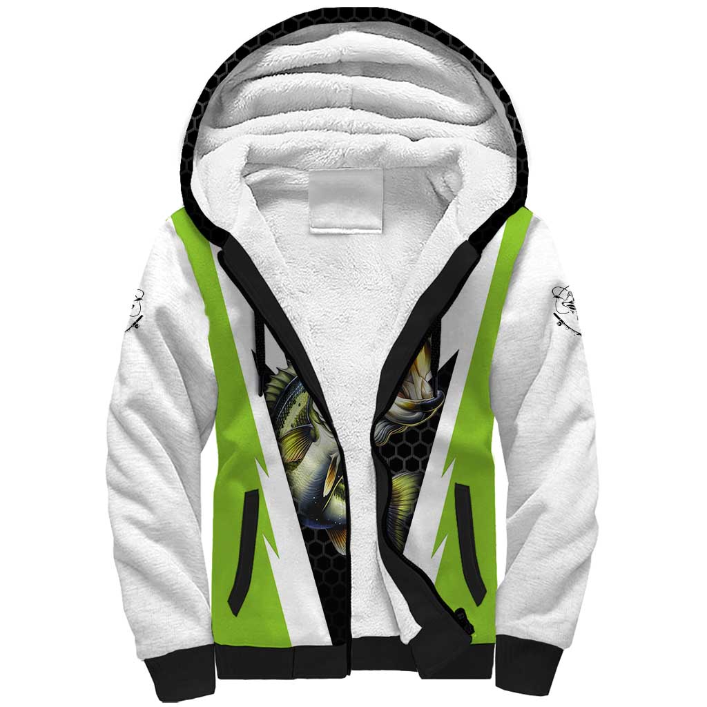 Personalized Custom Bass Fishing Sherpa Hoodie Jumping Fish Graphic and Green Black Honeycomb - Wonder Print Shop