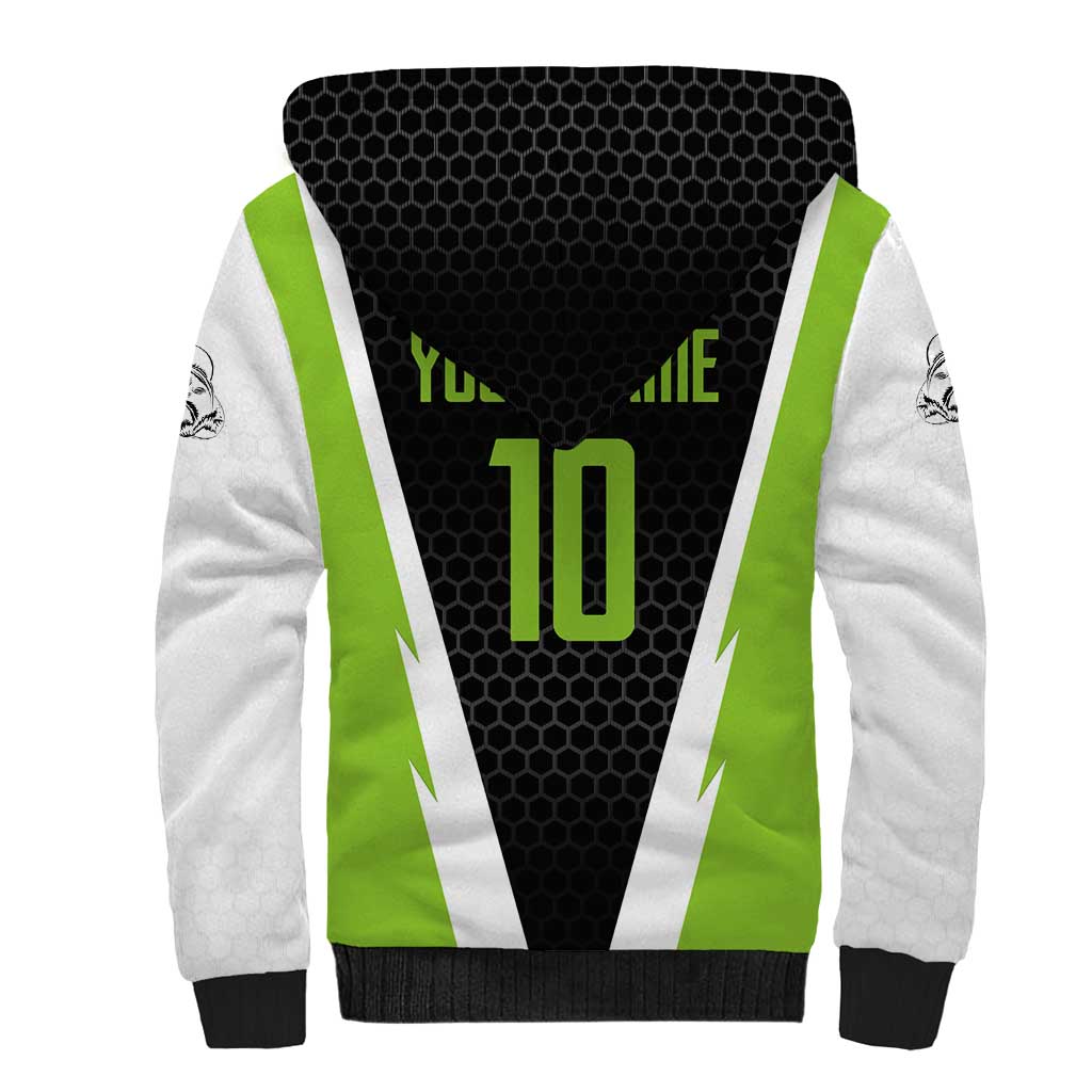 Personalized Custom Bass Fishing Sherpa Hoodie Jumping Fish Graphic and Green Black Honeycomb - Wonder Print Shop