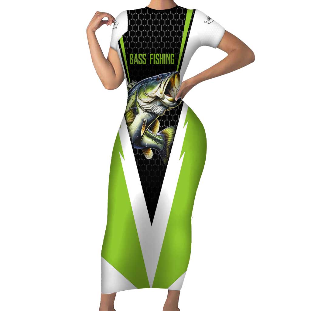 Personalized Custom Bass Fishing Short Sleeve Bodycon Dress Jumping Fish Graphic and Green Black Honeycomb - Wonder Print Shop