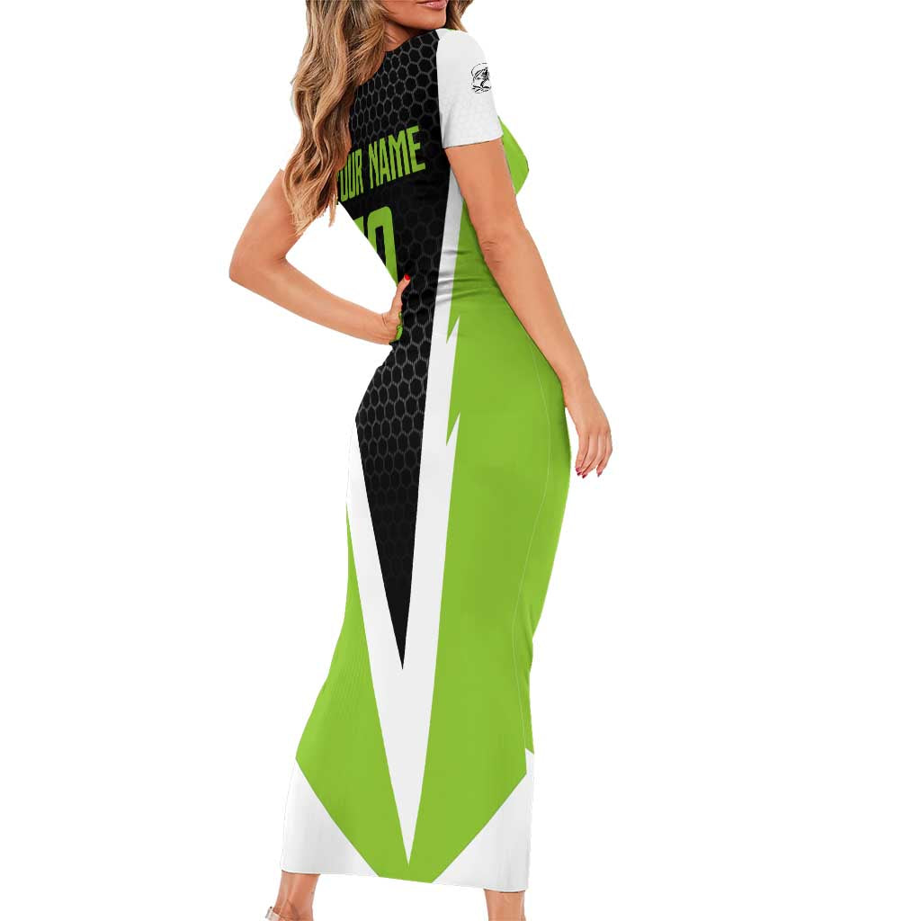 Personalized Custom Bass Fishing Short Sleeve Bodycon Dress Jumping Fish Graphic and Green Black Honeycomb - Wonder Print Shop