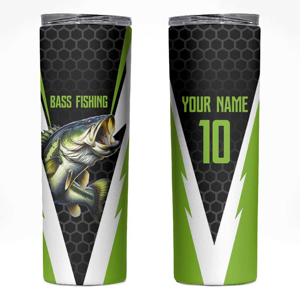 Personalized Custom Bass Fishing Skinny Tumbler Jumping Fish Graphic and Green Black Honeycomb - Wonder Print Shop