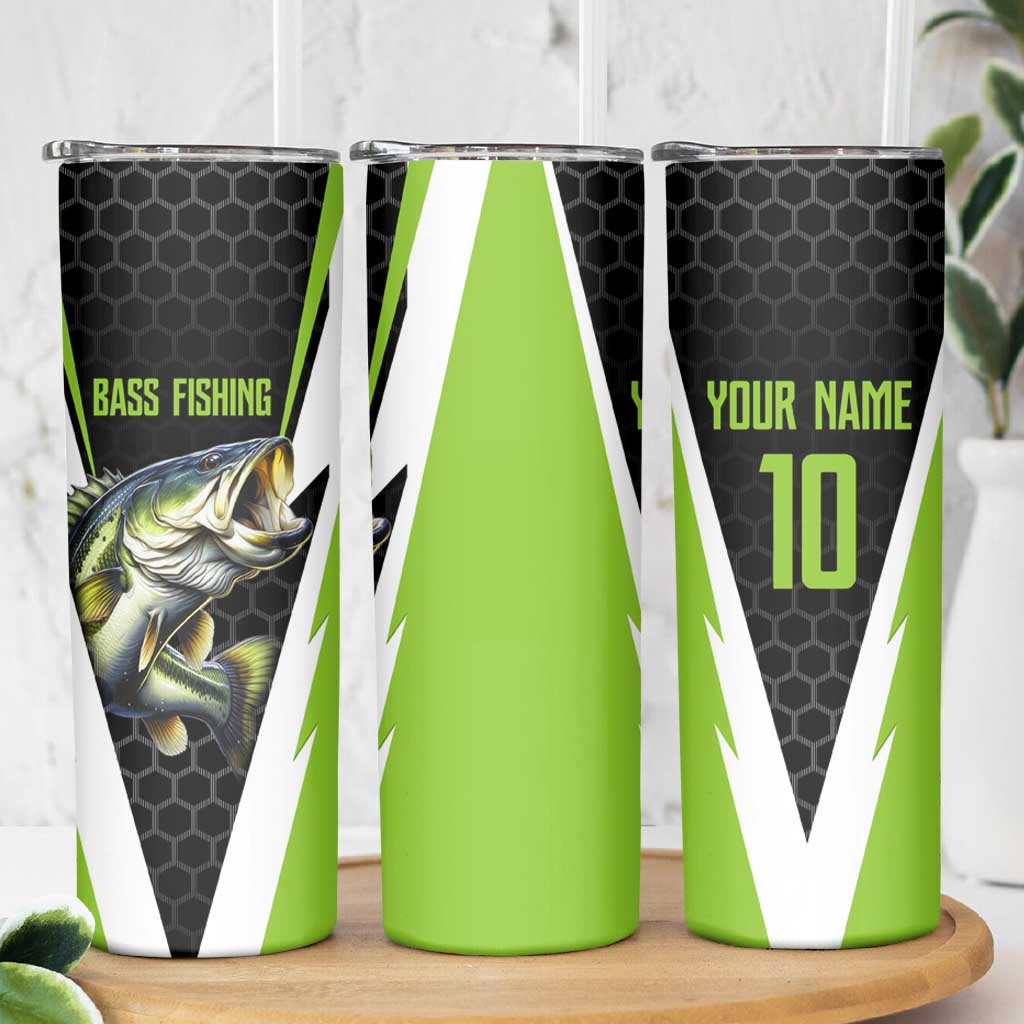 Personalized Custom Bass Fishing Skinny Tumbler Jumping Fish Graphic and Green Black Honeycomb - Wonder Print Shop