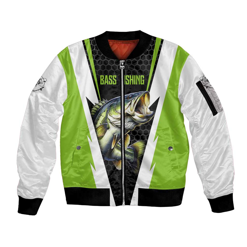 Personalized Custom Bass Fishing Sleeve Zip Bomber Jacket Jumping Fish Graphic and Green Black Honeycomb - Wonder Print Shop