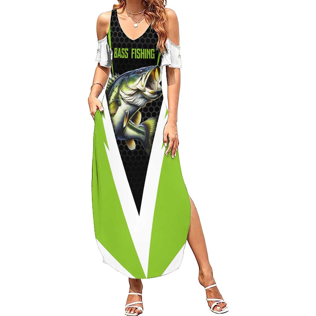 Personalized Custom Bass Fishing Summer Maxi Dress Jumping Fish Graphic and Green Black Honeycomb - Wonder Print Shop