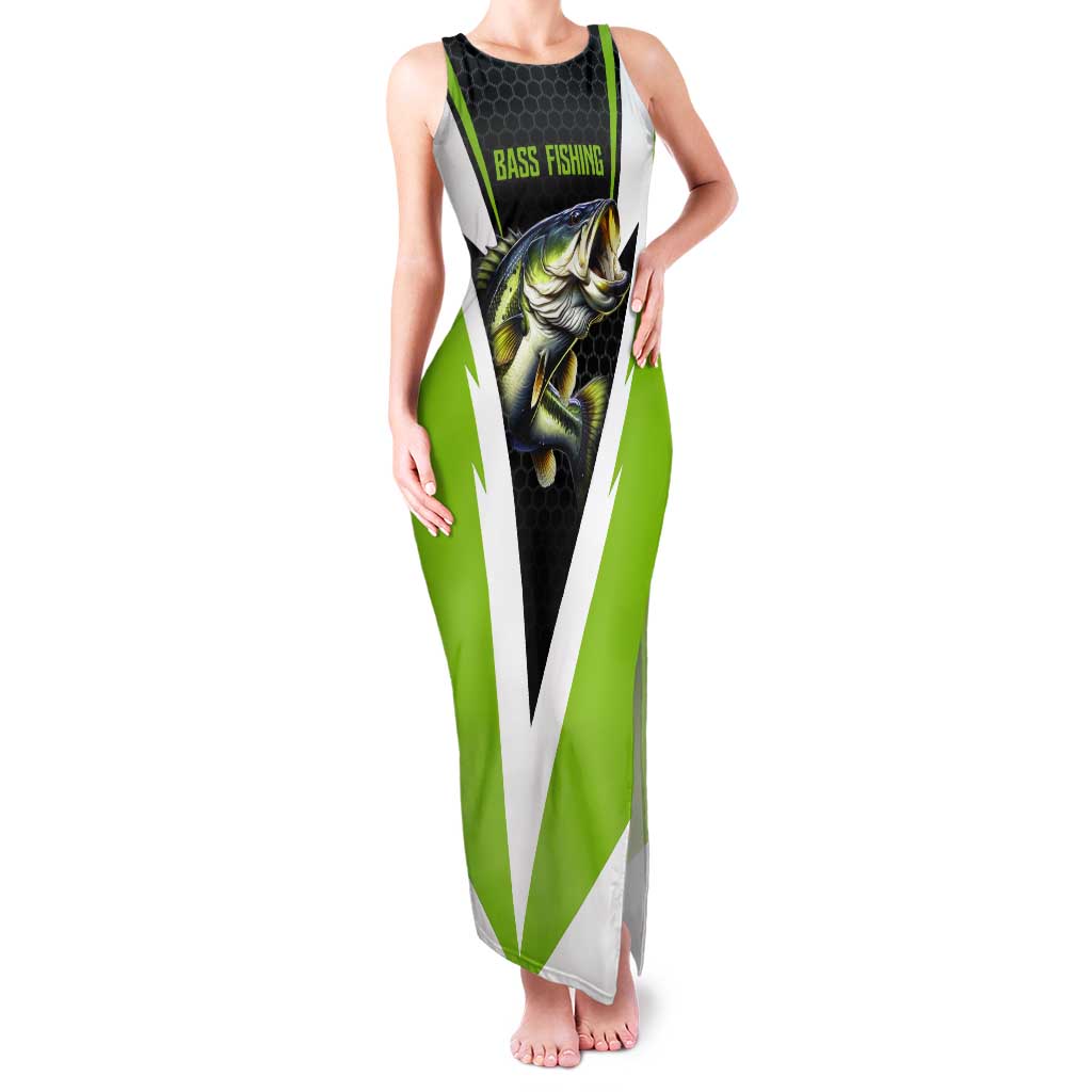 Personalized Custom Bass Fishing Tank Maxi Dress Jumping Fish Graphic and Green Black Honeycomb - Wonder Print Shop