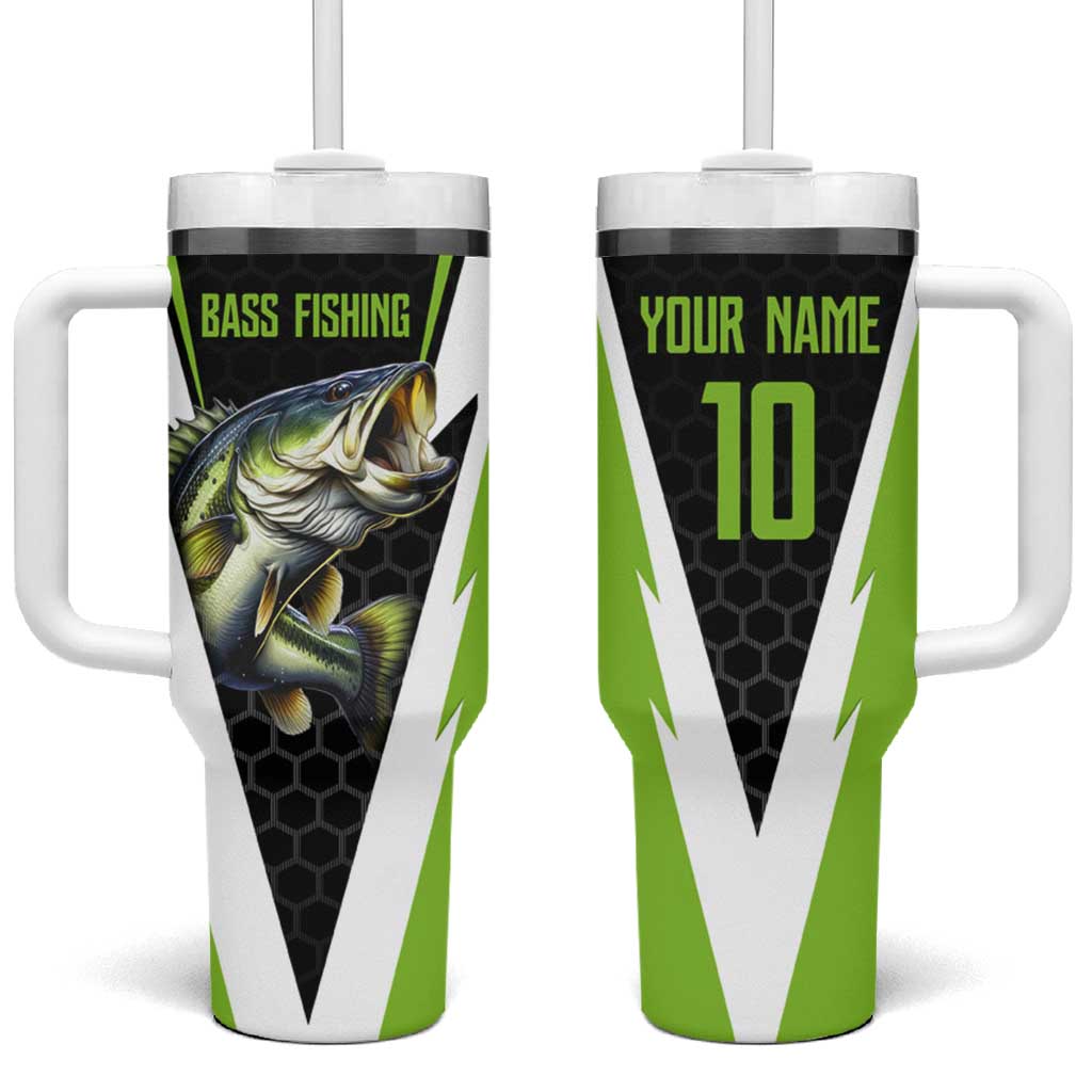 Personalized Custom Bass Fishing Tumbler With Handle Jumping Fish Graphic and Green Black Honeycomb - Wonder Print Shop