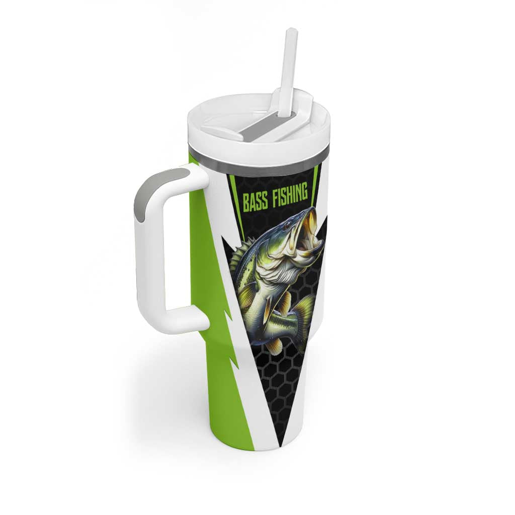 Personalized Custom Bass Fishing Tumbler With Handle Jumping Fish Graphic and Green Black Honeycomb - Wonder Print Shop