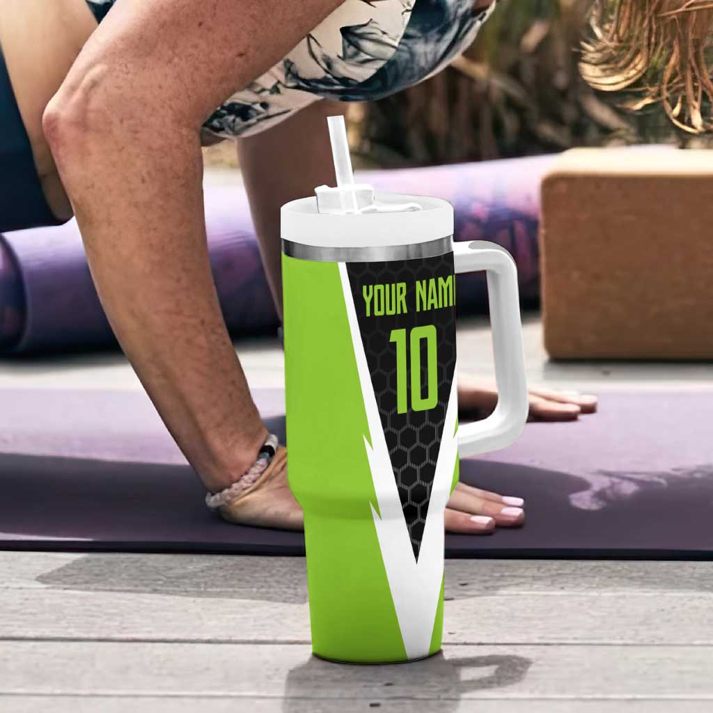 Personalized Custom Bass Fishing Tumbler With Handle Jumping Fish Graphic and Green Black Honeycomb - Wonder Print Shop