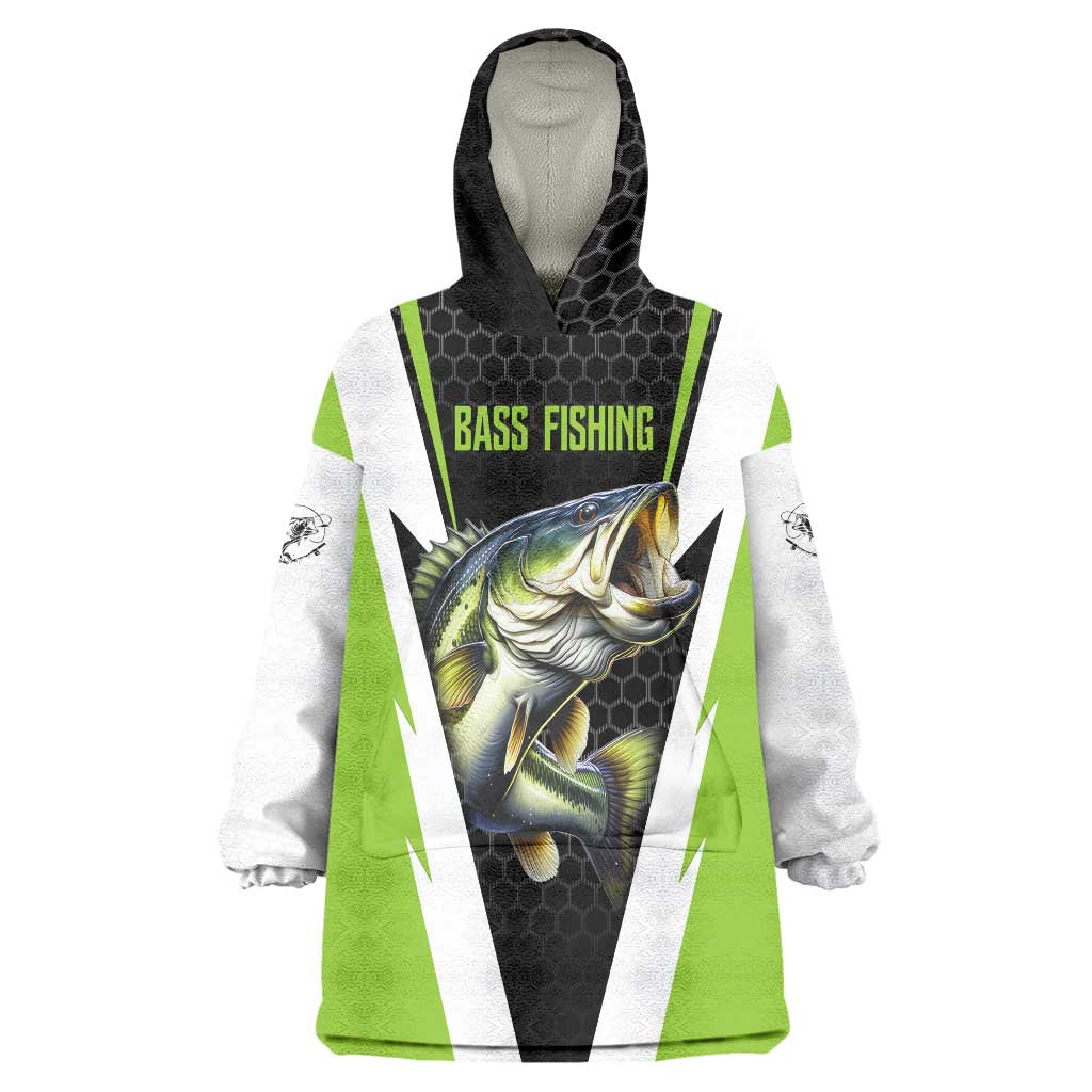 Personalized Custom Bass Fishing Wearable Blanket Hoodie Jumping Fish Graphic and Green Black Honeycomb - Wonder Print Shop