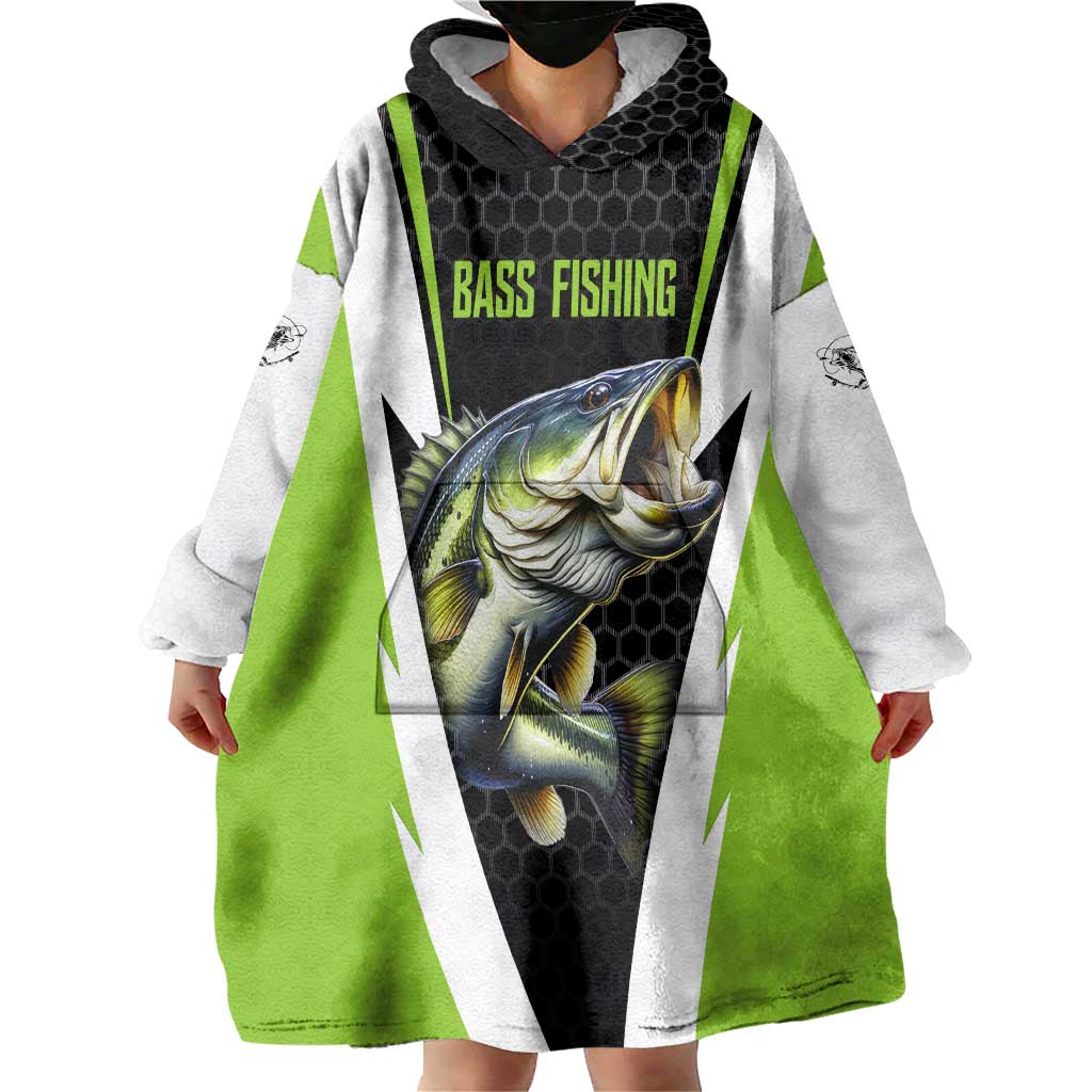 Personalized Custom Bass Fishing Wearable Blanket Hoodie Jumping Fish Graphic and Green Black Honeycomb - Wonder Print Shop