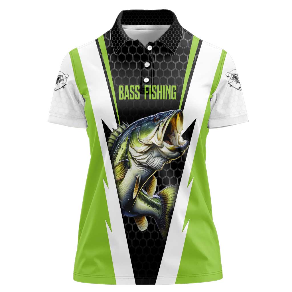 Personalized Custom Bass Fishing Women Polo Shirt Jumping Fish Graphic and Green Black Honeycomb - Wonder Print Shop