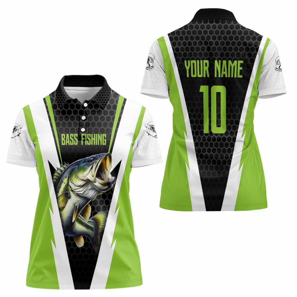 Personalized Custom Bass Fishing Women Polo Shirt Jumping Fish Graphic and Green Black Honeycomb - Wonder Print Shop