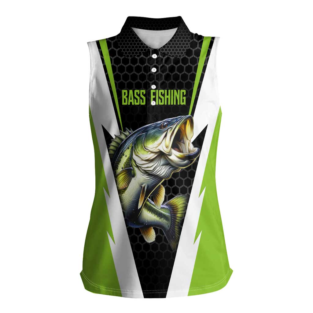 Personalized Custom Bass Fishing Women Sleeveless Polo Shirt Jumping Fish Graphic and Green Black Honeycomb - Wonder Print Shop