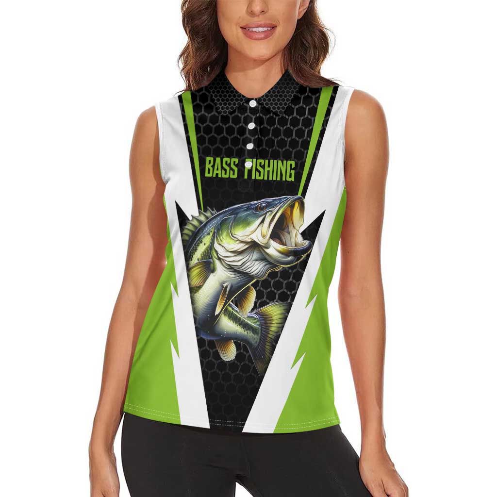 Personalized Custom Bass Fishing Women Sleeveless Polo Shirt Jumping Fish Graphic and Green Black Honeycomb - Wonder Print Shop