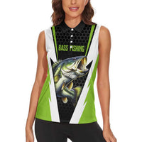 Personalized Custom Bass Fishing Women Sleeveless Polo Shirt Jumping Fish Graphic and Green Black Honeycomb - Wonder Print Shop
