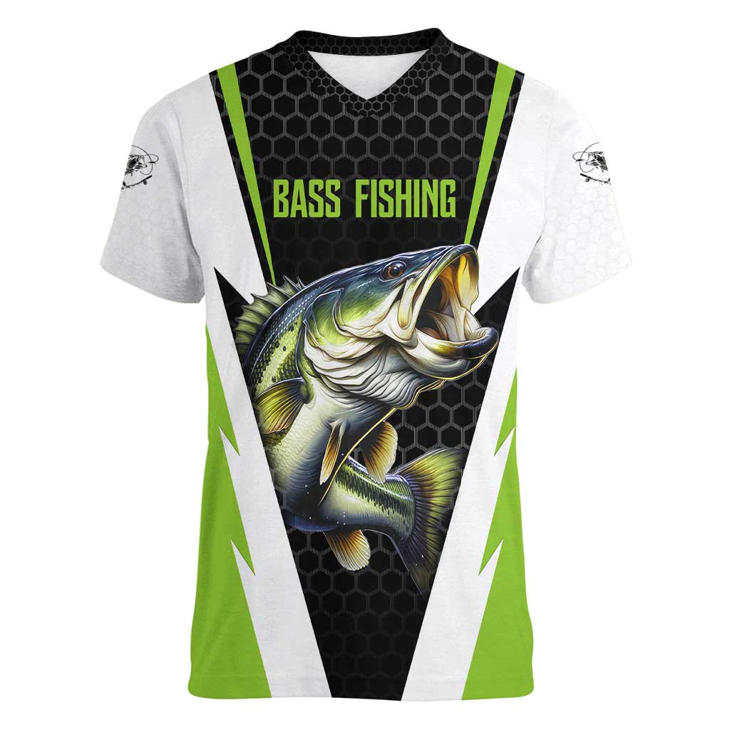 Personalized Custom Bass Fishing Women V-Neck T-Shirt Jumping Fish Graphic and Green Black Honeycomb - Wonder Print Shop