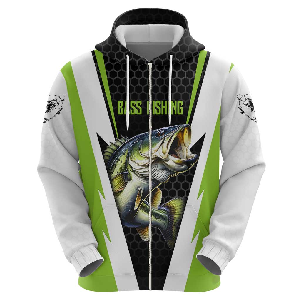 Personalized Custom Bass Fishing Zip Hoodie Jumping Fish Graphic and Green Black Honeycomb - Wonder Print Shop