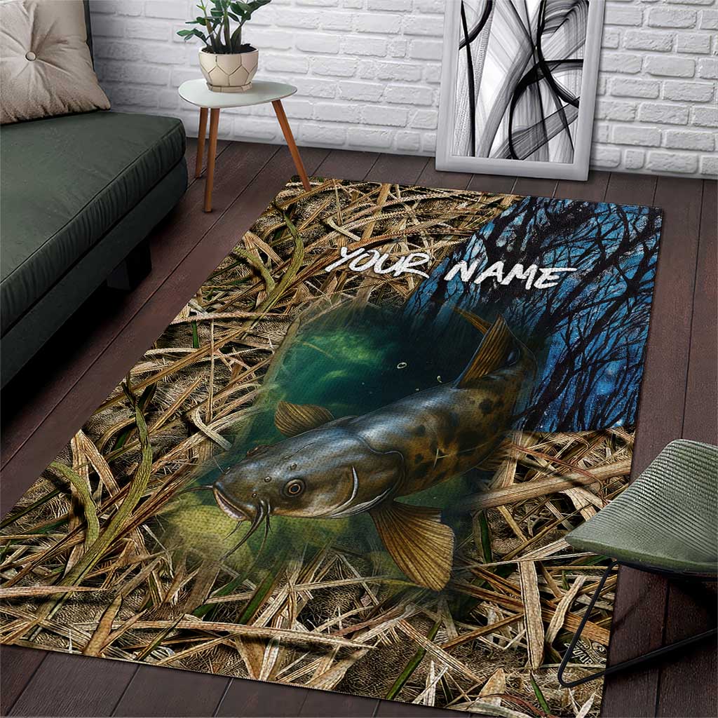 Catfish Fishing Underwater Scene Area Rug Custom Name Swamp Grass and Camouflage - Wonder Print Shop