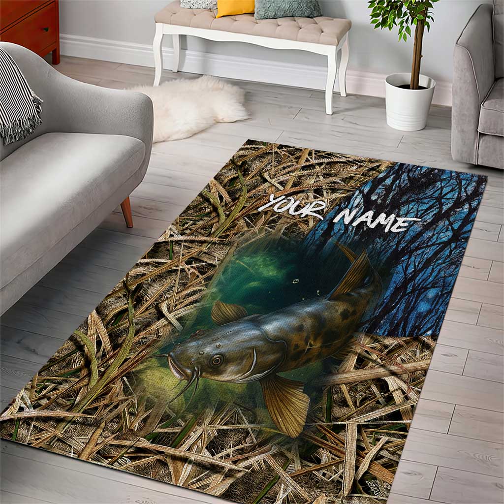 Catfish Fishing Underwater Scene Area Rug Custom Name Swamp Grass and Camouflage - Wonder Print Shop