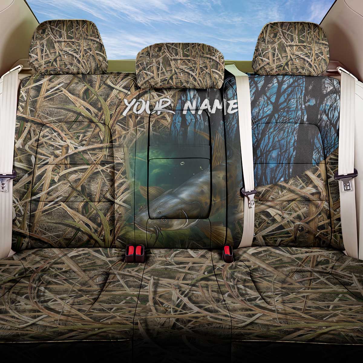 Catfish Fishing Underwater Scene Back Car Seat Cover Custom Name Swamp Grass and Camouflage - Wonder Print Shop