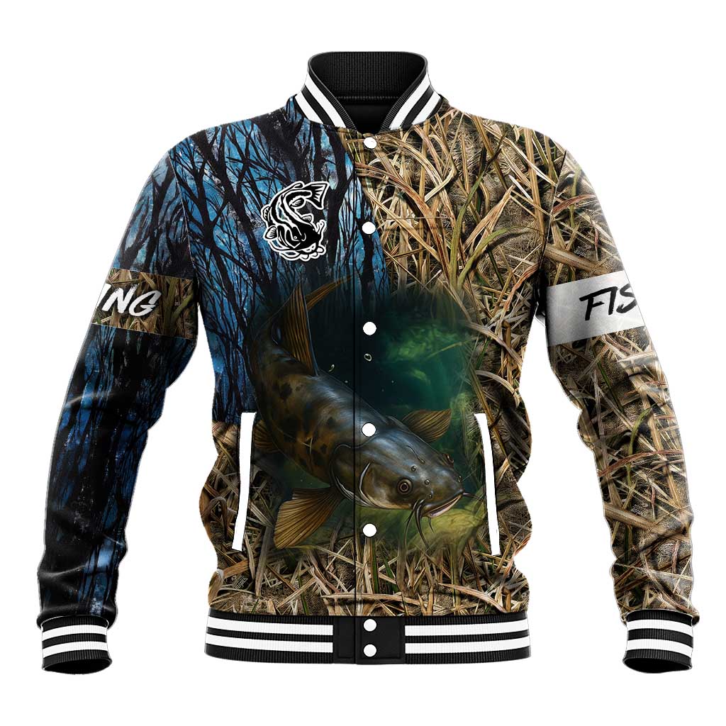 Catfish Fishing Underwater Scene Baseball Jacket Custom Name Swamp Grass and Camouflage - Wonder Print Shop