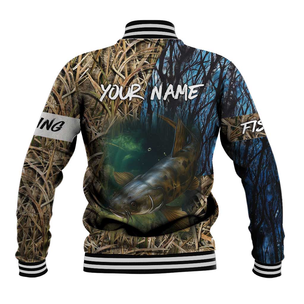 Catfish Fishing Underwater Scene Baseball Jacket Custom Name Swamp Grass and Camouflage - Wonder Print Shop
