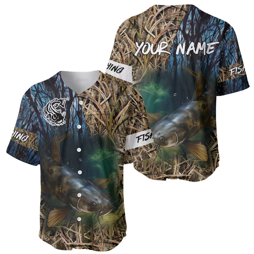 Catfish Fishing Underwater Scene Baseball Jersey Custom Name Swamp Grass and Camouflage - Wonder Print Shop