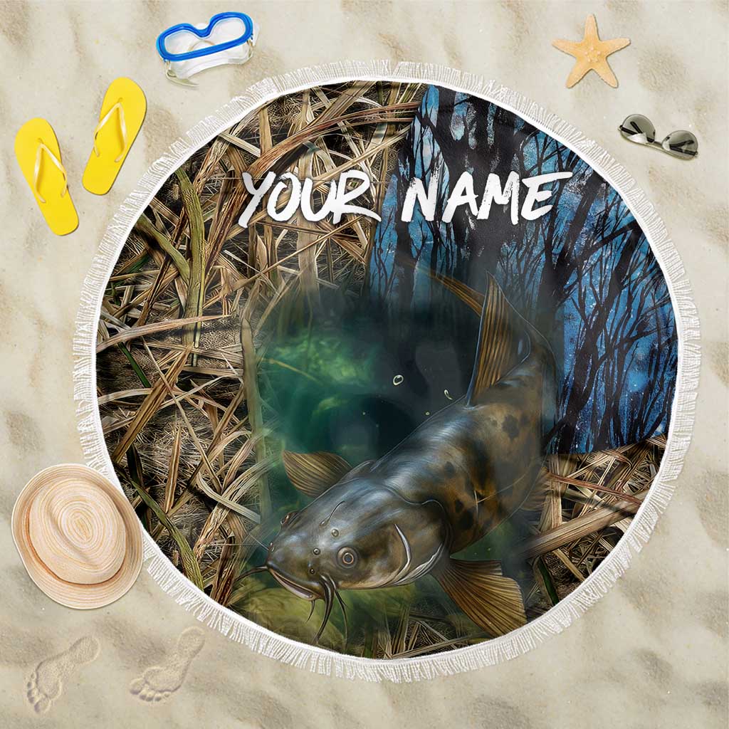 Catfish Fishing Underwater Scene Beach Blanket Custom Name Swamp Grass and Camouflage - Wonder Print Shop