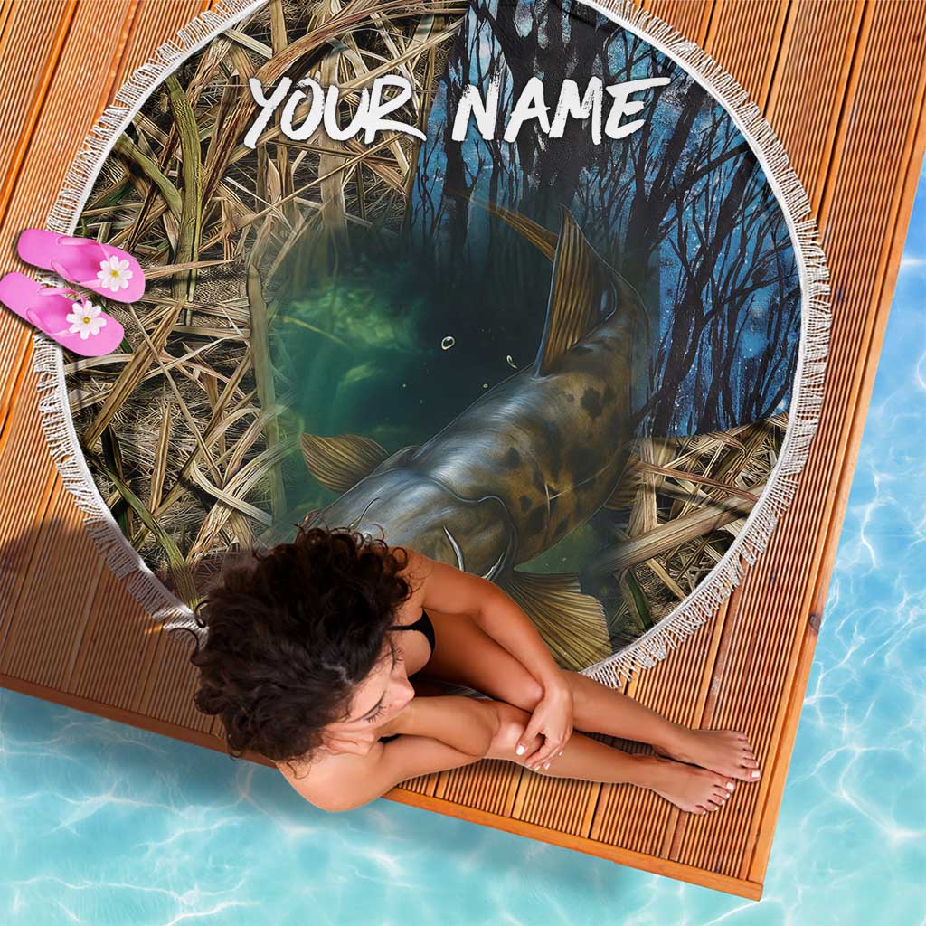 Catfish Fishing Underwater Scene Beach Blanket Custom Name Swamp Grass and Camouflage - Wonder Print Shop