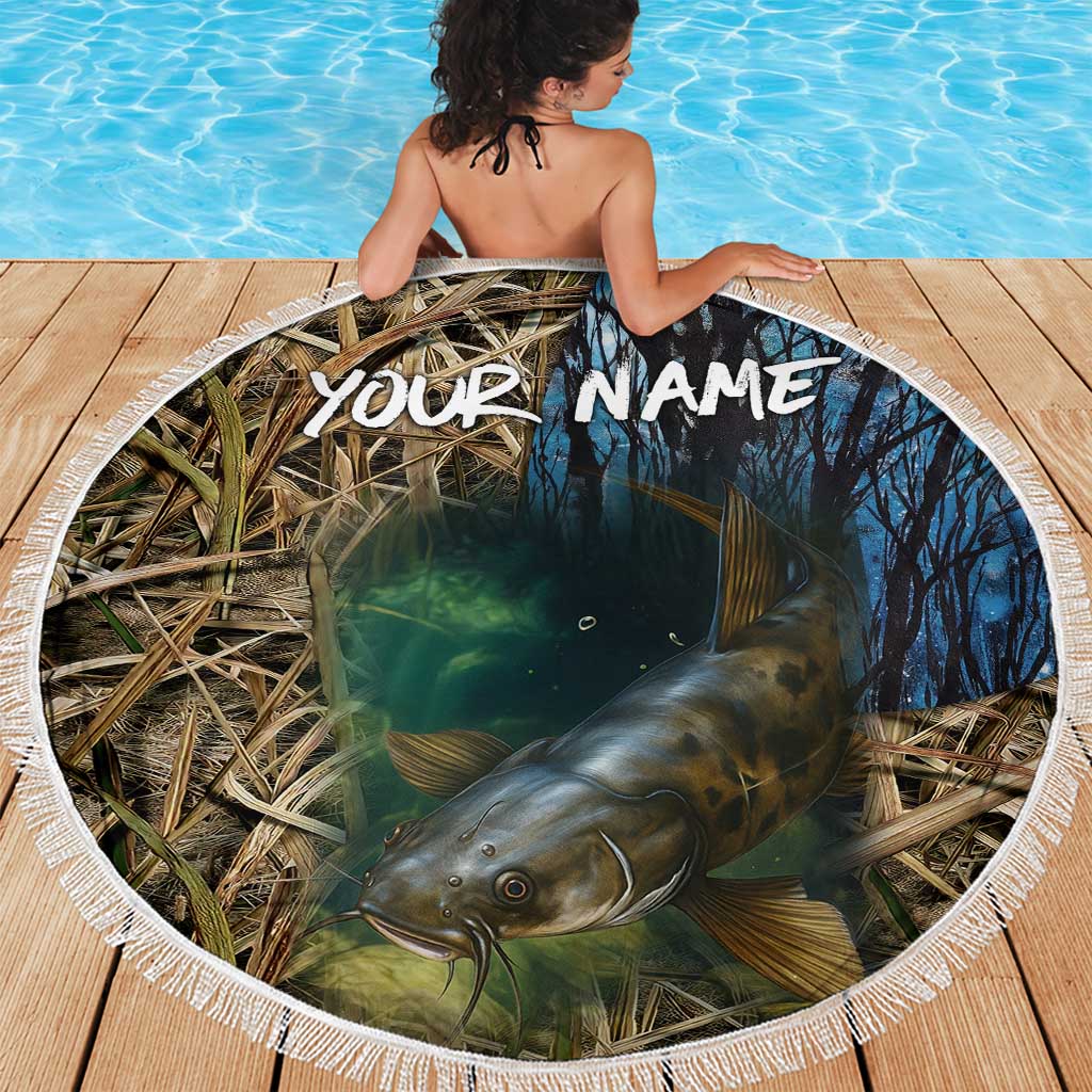 Catfish Fishing Underwater Scene Beach Blanket Custom Name Swamp Grass and Camouflage - Wonder Print Shop
