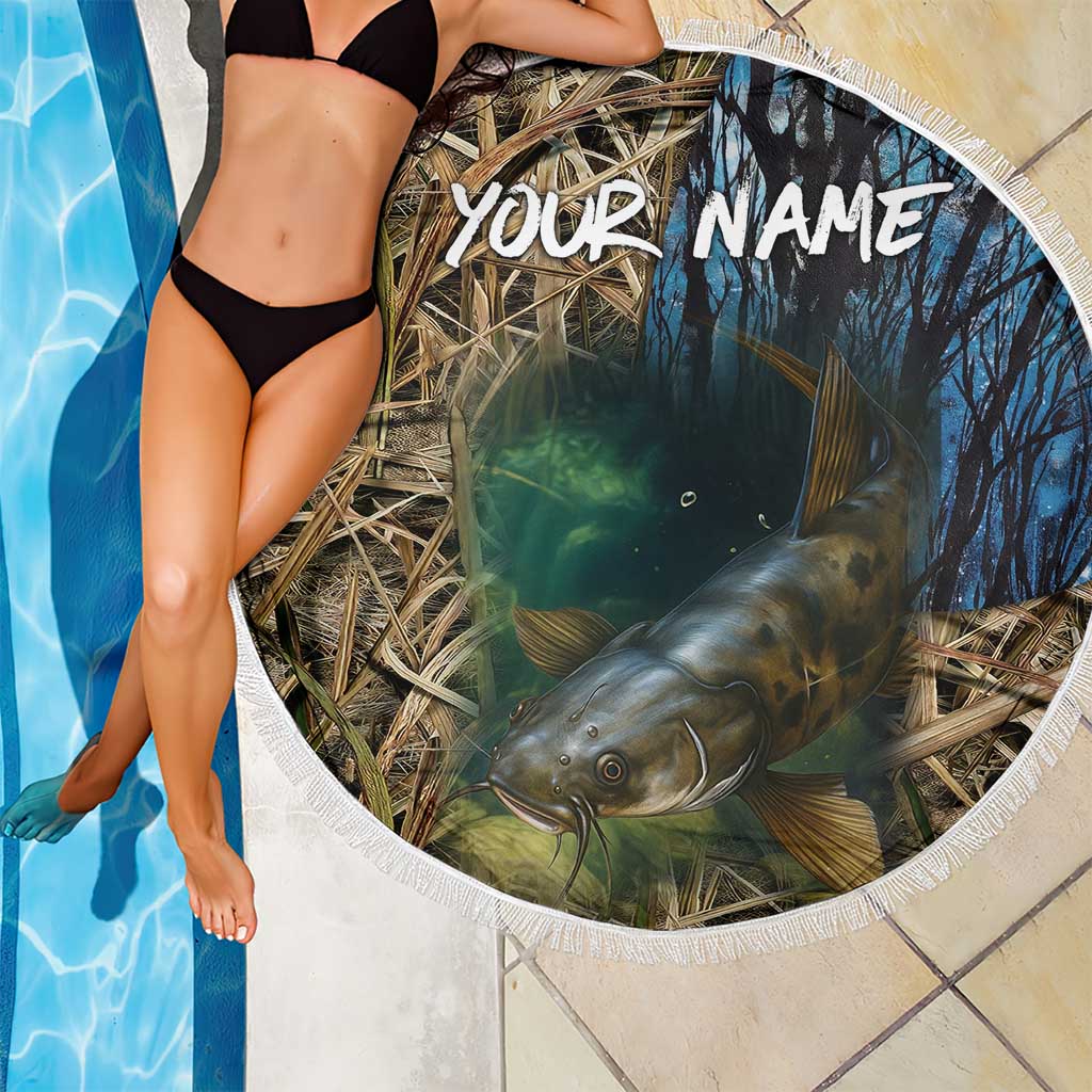 Catfish Fishing Underwater Scene Beach Blanket Custom Name Swamp Grass and Camouflage - Wonder Print Shop