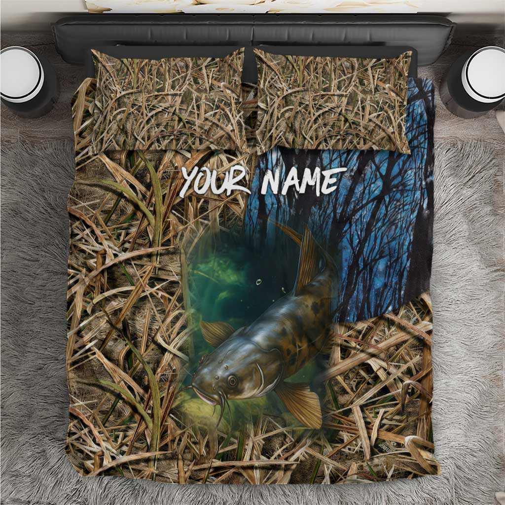 Catfish Fishing Underwater Scene Bedding Set Custom Name Swamp Grass and Camouflage - Wonder Print Shop