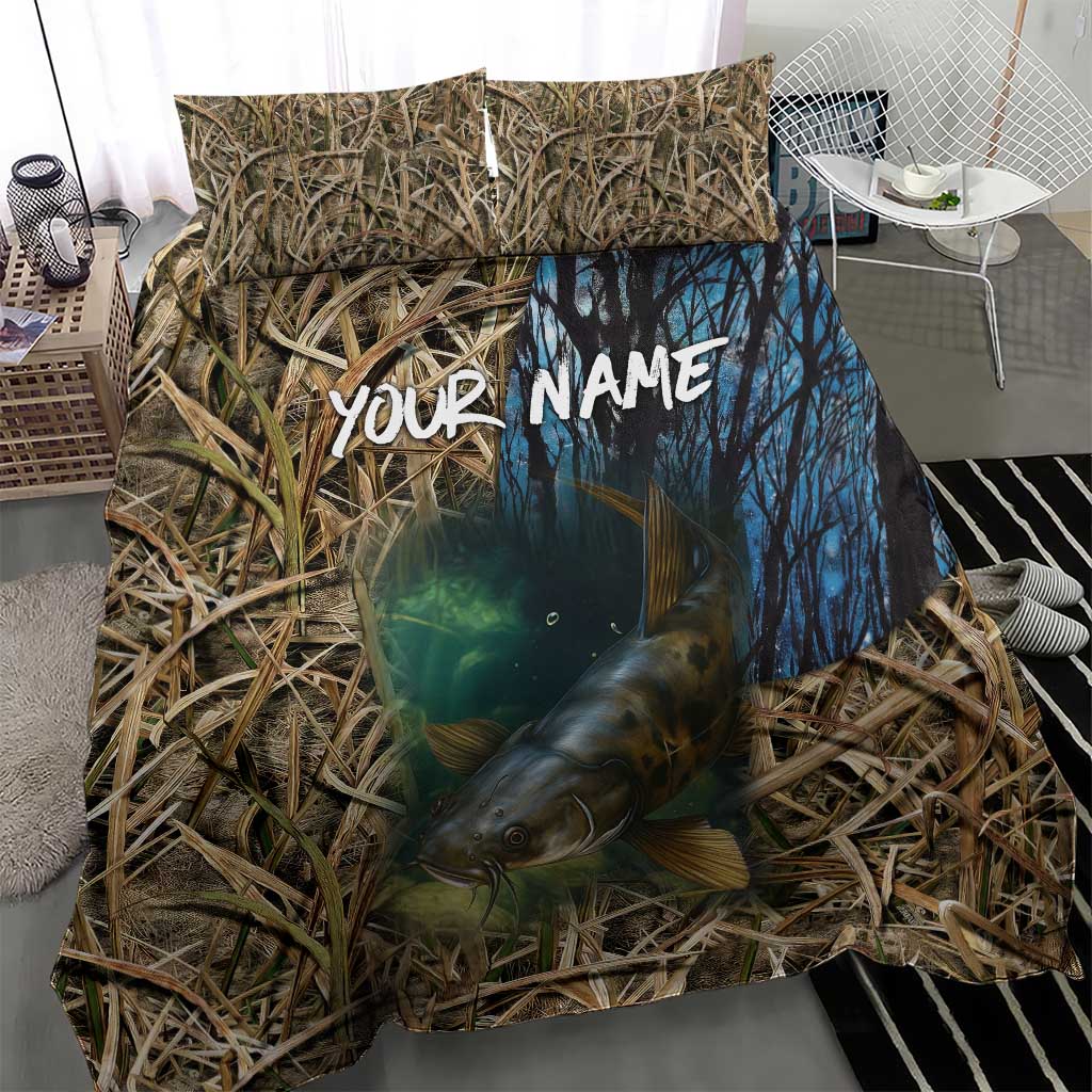 Catfish Fishing Underwater Scene Bedding Set Custom Name Swamp Grass and Camouflage - Wonder Print Shop
