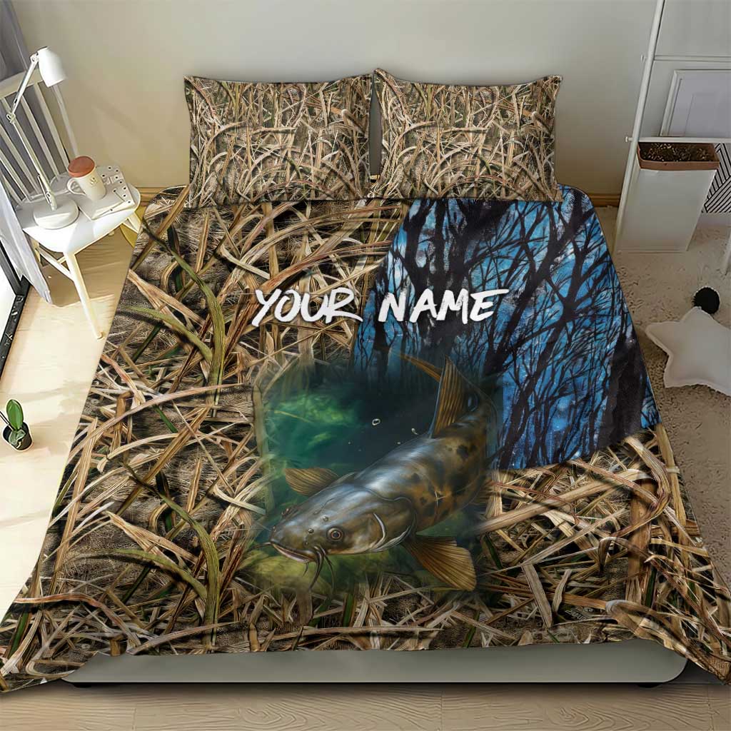 Catfish Fishing Underwater Scene Bedding Set Custom Name Swamp Grass and Camouflage - Wonder Print Shop