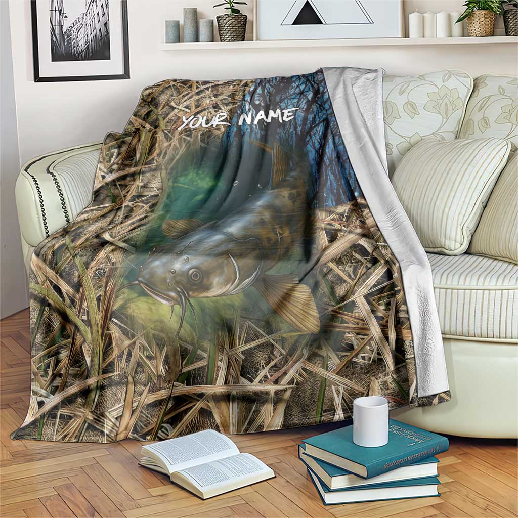 Catfish Fishing Underwater Scene Blanket Custom Name Swamp Grass and Camouflage - Wonder Print Shop