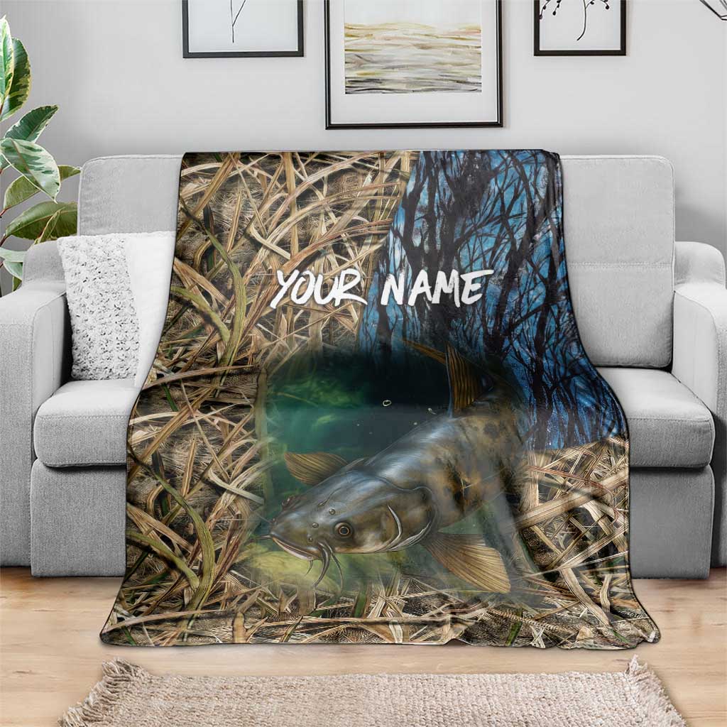 Catfish Fishing Underwater Scene Blanket Custom Name Swamp Grass and Camouflage - Wonder Print Shop