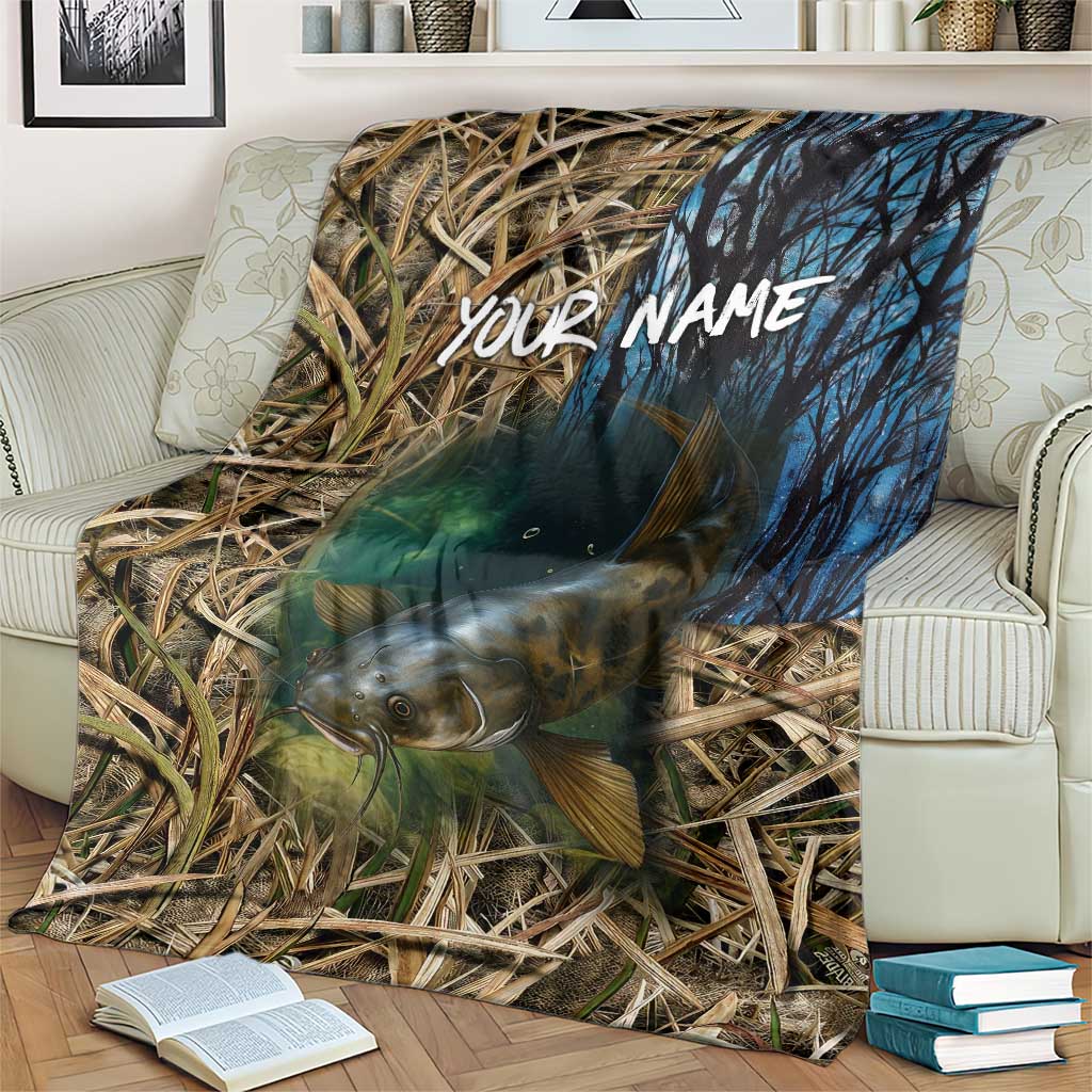 Catfish Fishing Underwater Scene Blanket Custom Name Swamp Grass and Camouflage - Wonder Print Shop