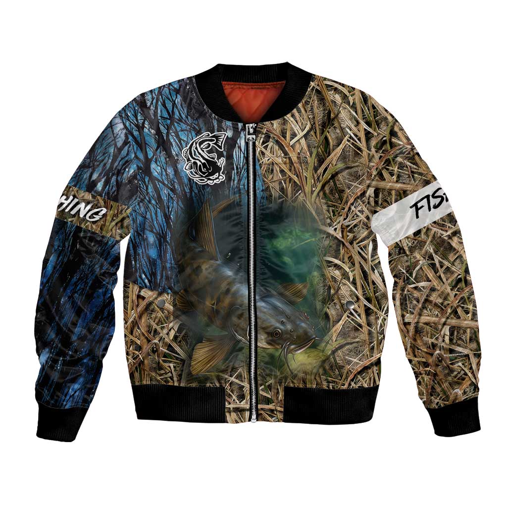Catfish Fishing Underwater Scene Bomber Jacket Custom Name Swamp Grass and Camouflage - Wonder Print Shop