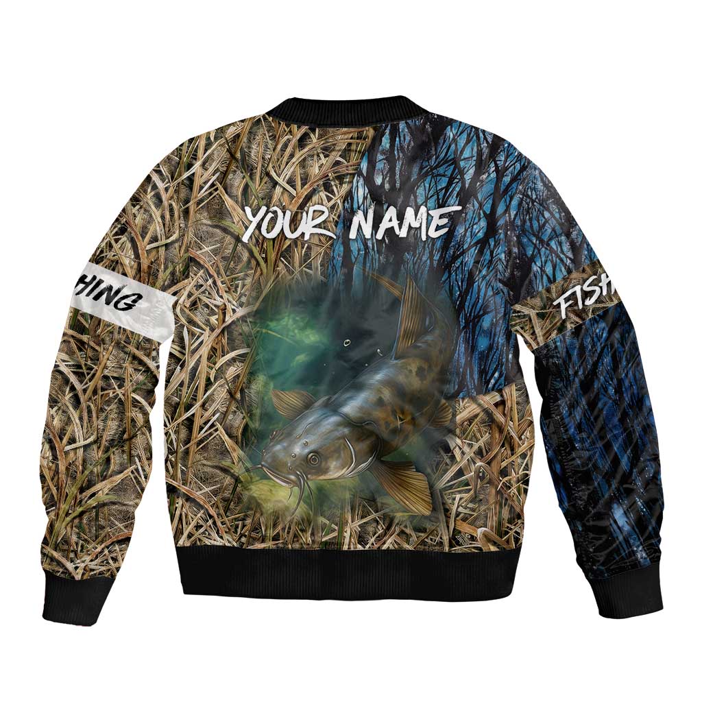 Catfish Fishing Underwater Scene Bomber Jacket Custom Name Swamp Grass and Camouflage - Wonder Print Shop
