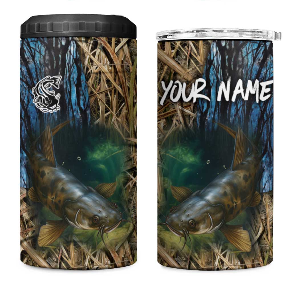 Catfish Fishing Underwater Scene 4 in 1 Can Cooler Tumbler Custom Name Swamp Grass and Camouflage - Wonder Print Shop
