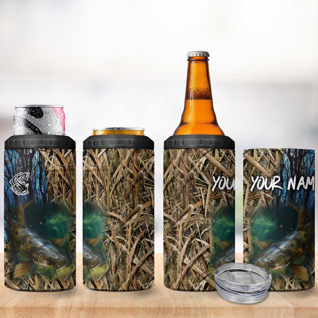 Catfish Fishing Underwater Scene 4 in 1 Can Cooler Tumbler Custom Name Swamp Grass and Camouflage - Wonder Print Shop