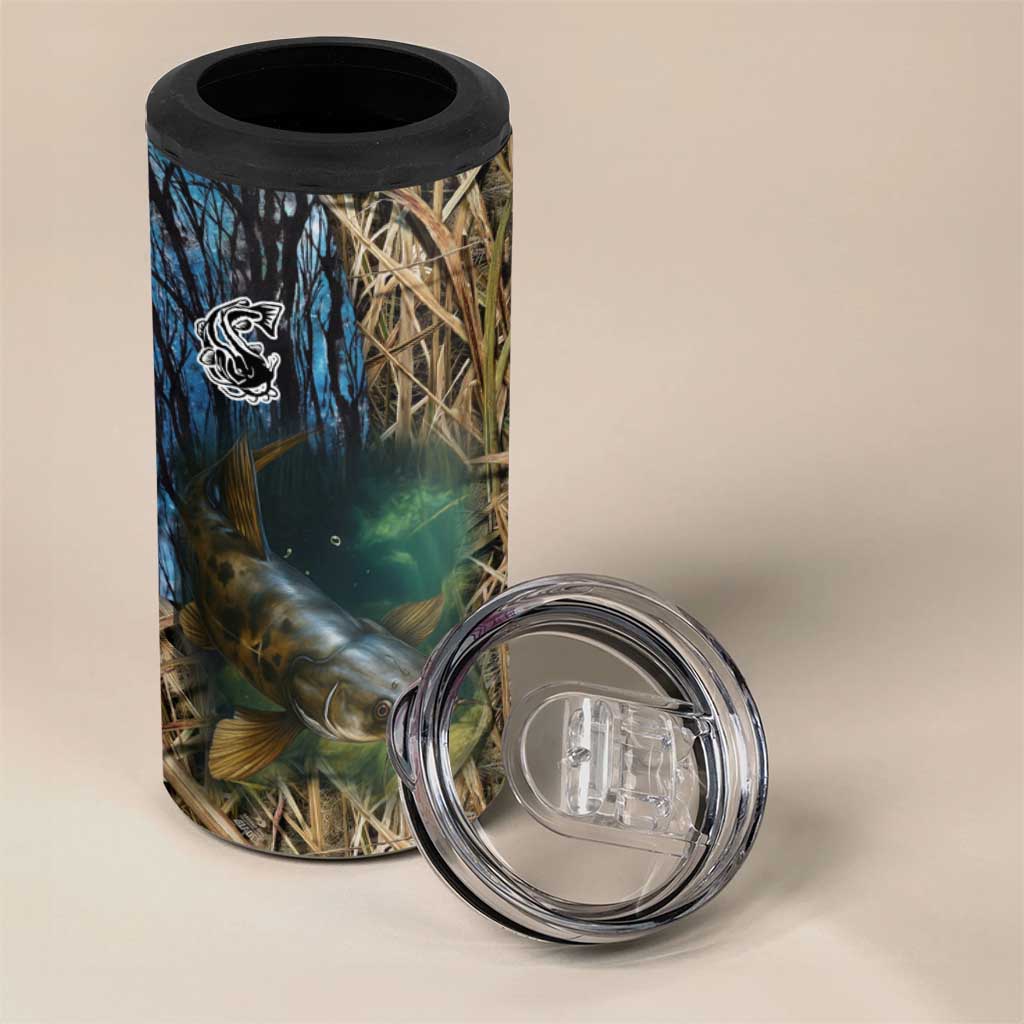 Catfish Fishing Underwater Scene 4 in 1 Can Cooler Tumbler Custom Name Swamp Grass and Camouflage - Wonder Print Shop