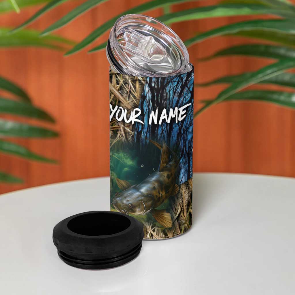 Catfish Fishing Underwater Scene 4 in 1 Can Cooler Tumbler Custom Name Swamp Grass and Camouflage - Wonder Print Shop