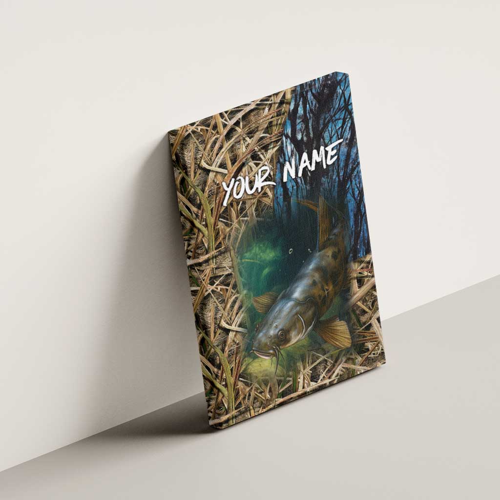 Catfish Fishing Underwater Scene Canvas Wall Art Custom Name Swamp Grass and Camouflage - Wonder Print Shop