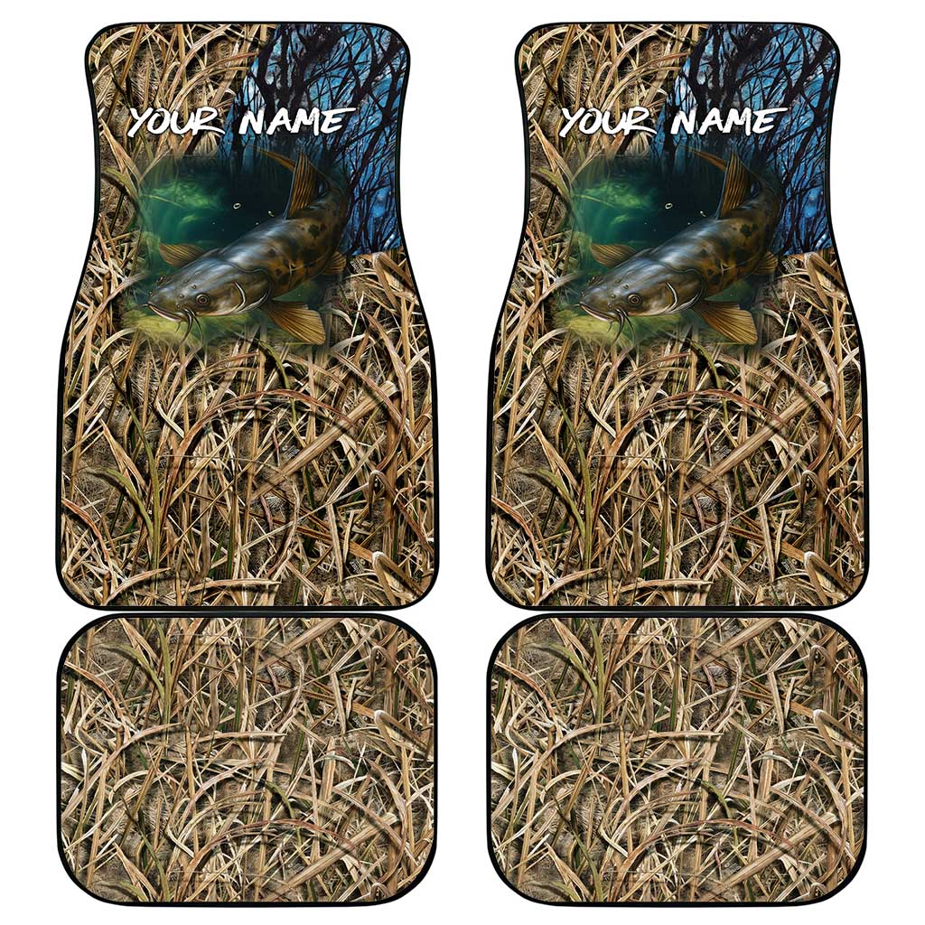 Catfish Fishing Underwater Scene Car Mats Custom Name Swamp Grass and Camouflage - Wonder Print Shop