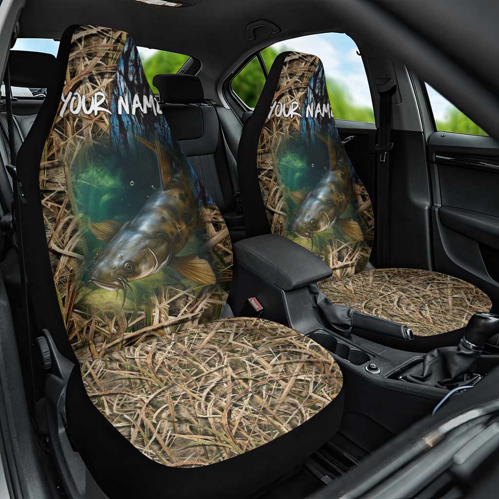 Catfish Fishing Underwater Scene Car Seat Cover Custom Name Swamp Grass and Camouflage - Wonder Print Shop
