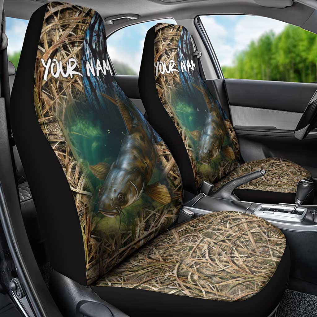 Catfish Fishing Underwater Scene Car Seat Cover Custom Name Swamp Grass and Camouflage - Wonder Print Shop