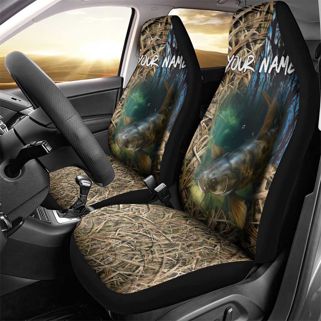 Catfish Fishing Underwater Scene Car Seat Cover Custom Name Swamp Grass and Camouflage - Wonder Print Shop
