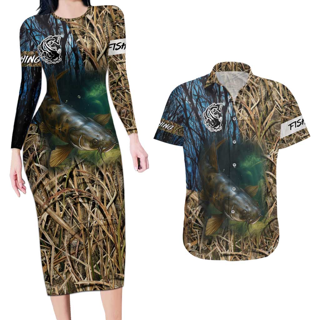 Catfish Fishing Underwater Scene Couples Matching Long Sleeve Bodycon Dress and Hawaiian Shirt Custom Name Swamp Grass and Camouflage - Wonder Print Shop